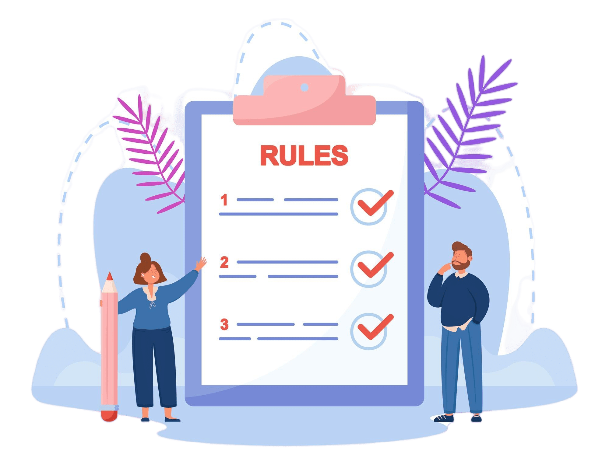 tiny business people reading list rules man woman making checklist control companys management huge clipboard flat vector illustration guidance concept min